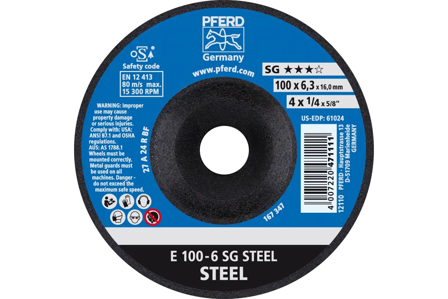 Picture of Pferd Grinding Wheel, 4" X 1/4 X 5/8, Sg Steel, T27, Aluminum Oxide